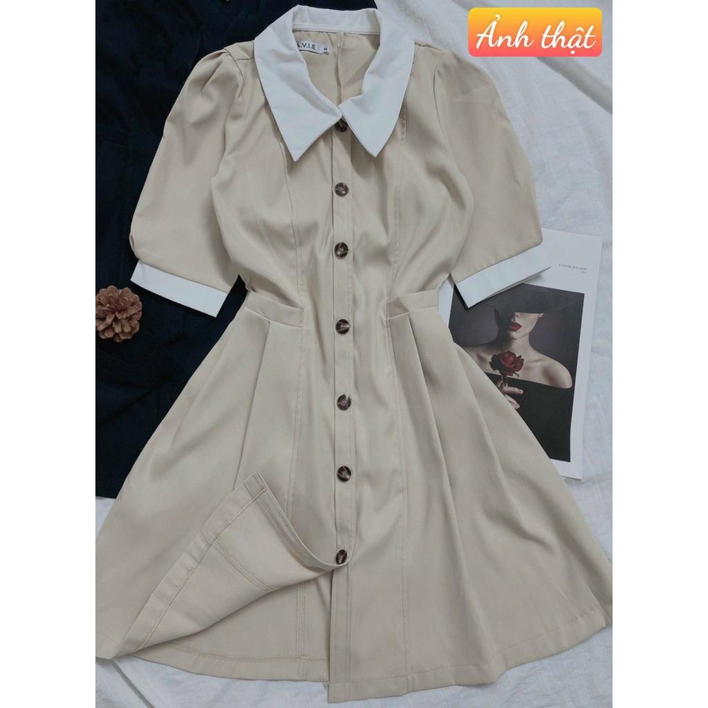 Đầm xoè thiết kế xếp ly cài nút tay phồng phom chuẩn mẫu