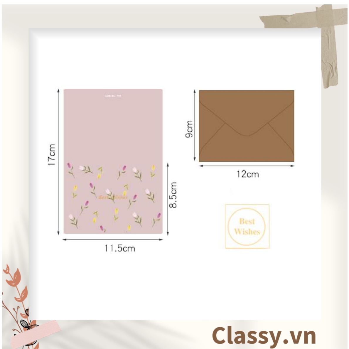 Thiệp Cổ điển Vintage in họa tiết hoa nhí giấy art sang trọng kèm phong bì giấy kraft nâu Q724