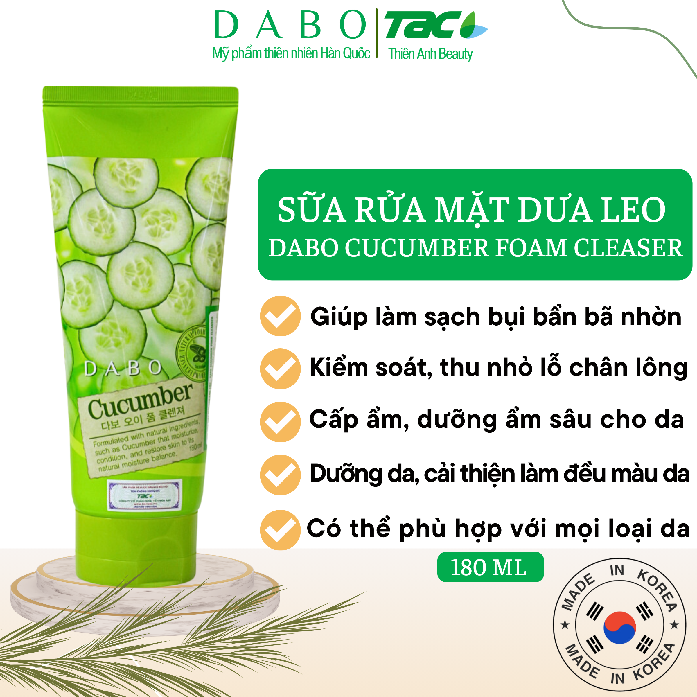 Sữa Rửa Mặt Dưa Leo Trắng Da Mềm Mịn Dabo Cucumber SRMDB-DL (180ml)