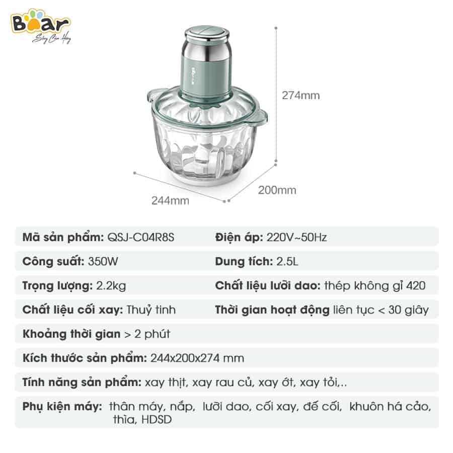 Máy xay thịt Bear 2.5L QSJ-C04R8S, máy xay tỏi ớt, xay thịt siêu nhanh- Hàng chính hãng