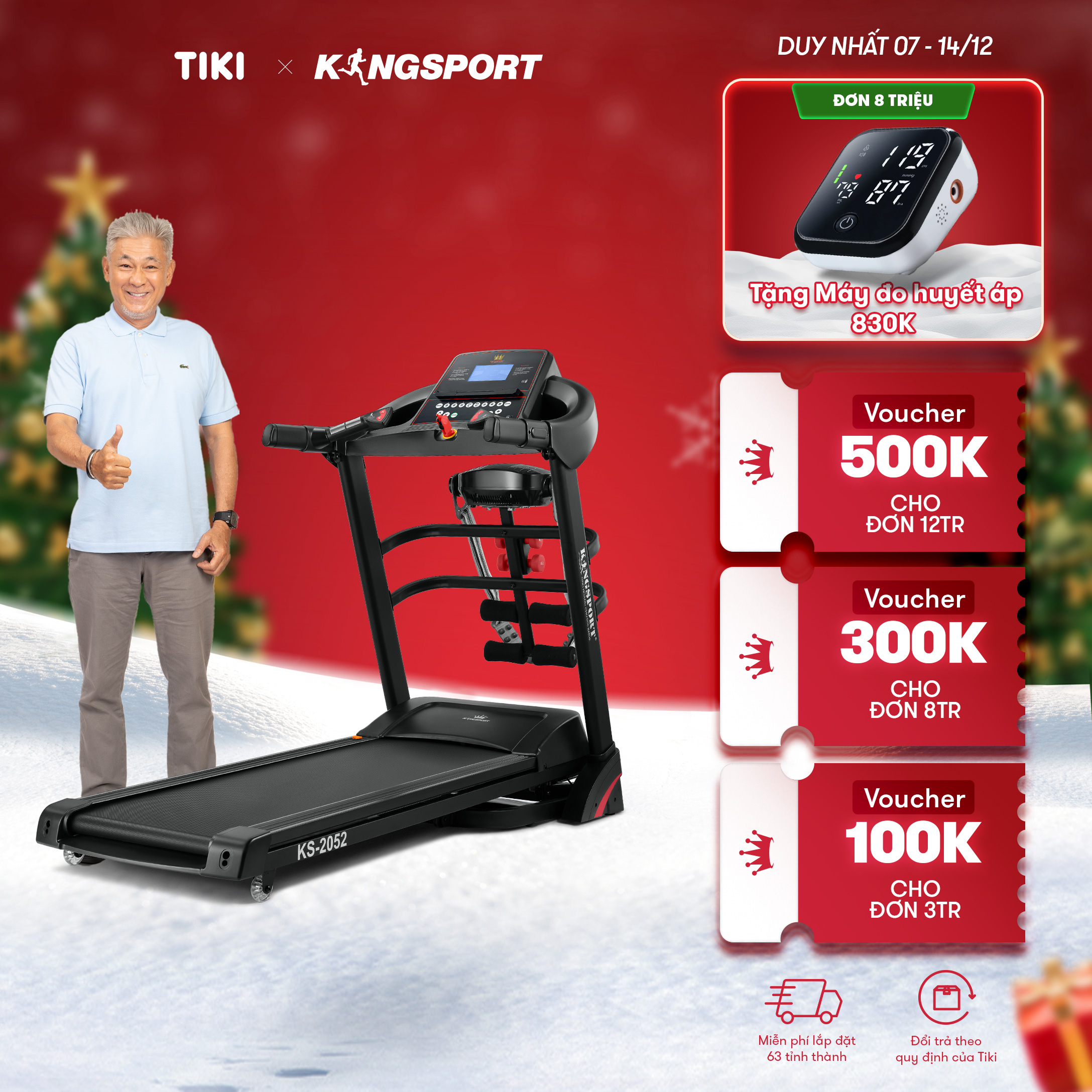 Máy chạy bộ tại nhà Kingsport KS-2052 đa năng có chức nâng dốc tự động, kèm theo đai massage và thanh gập bụng