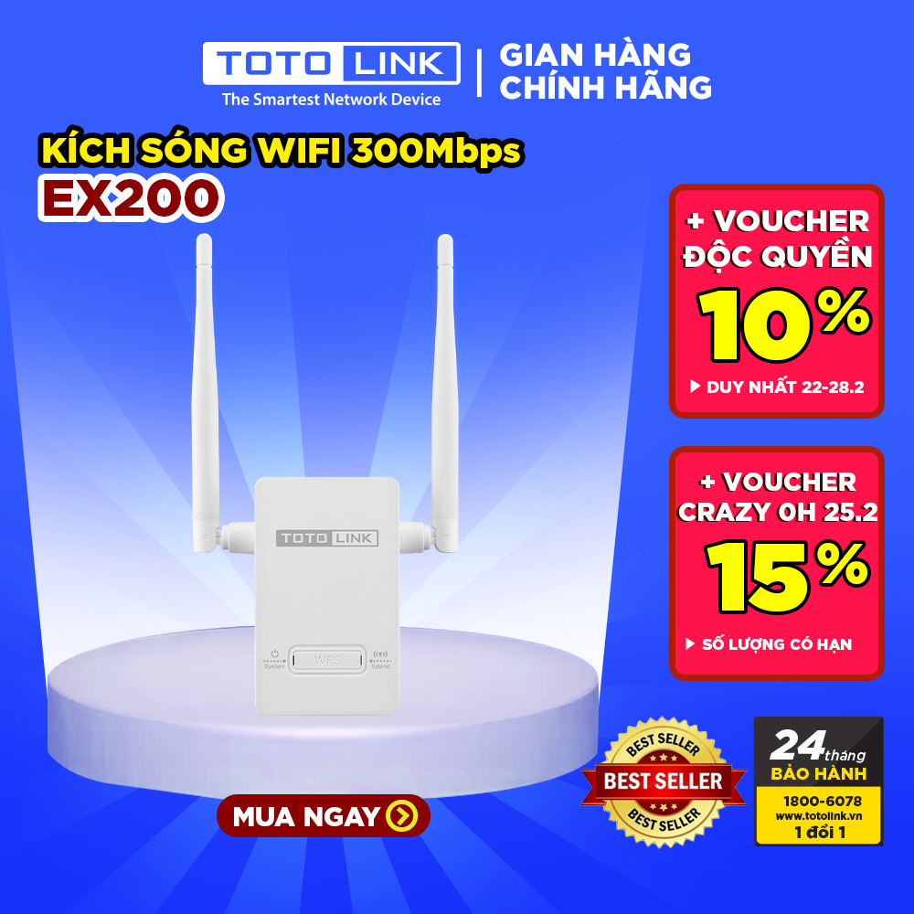 TOTOLINK EX200_V2 - Mở rộng sóng Wi-Fi chuẩn N 300Mbps Hàng chính hãng