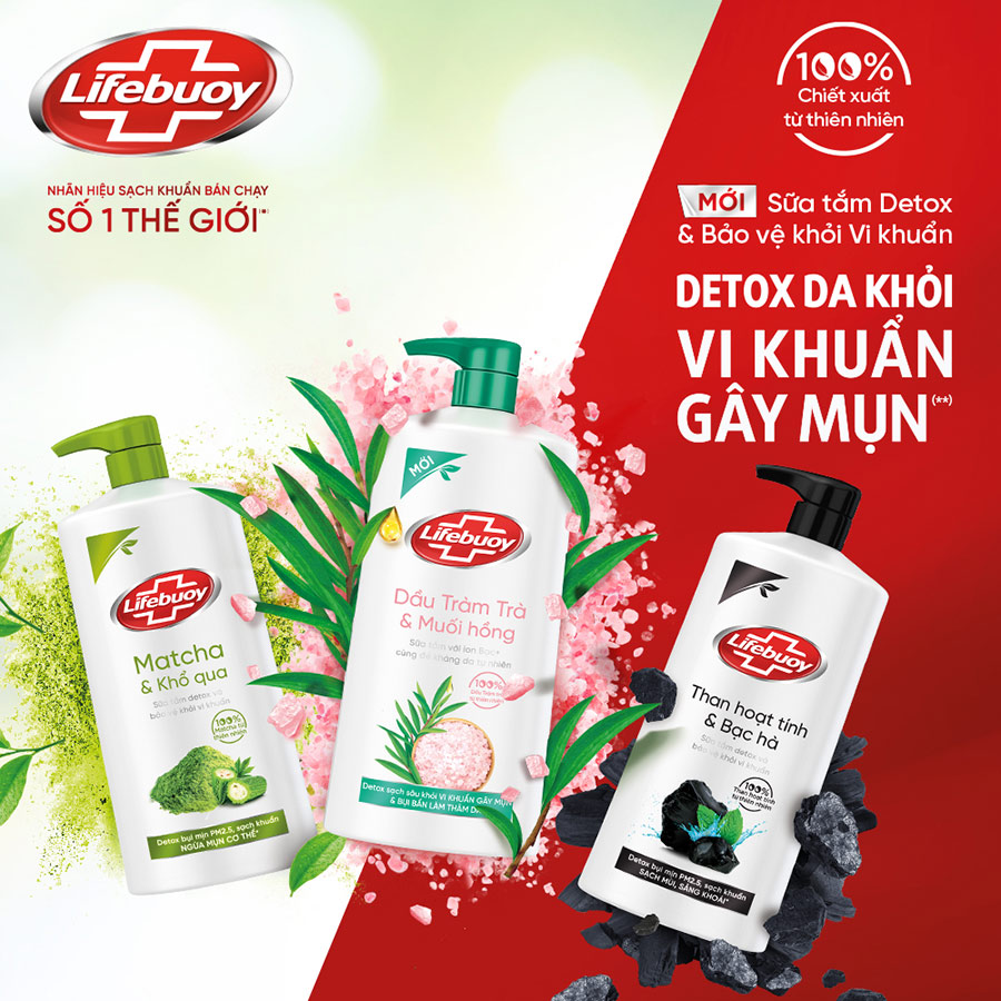 Combo 2 Sữa tắm Lifebuoy Detox và Bảo vệ khỏi vi khuẩn : Matcha &amp; Khổ qua, Dầu Tràm trà &amp; Muối hồng Chai 800G