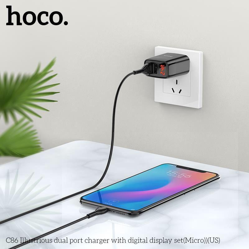 Bộ Sạc Micro-USB Hoco C86 Cho Samsung, Xiaomi, Oppo,... Bộ Sạc 2 Cổng Có Đèn Led, Sạc Nhanh MAX 2.4A - Hàng Chính Hãng