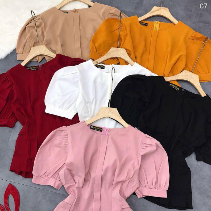 Áo cổ tròn tay búp thắt eo peplum