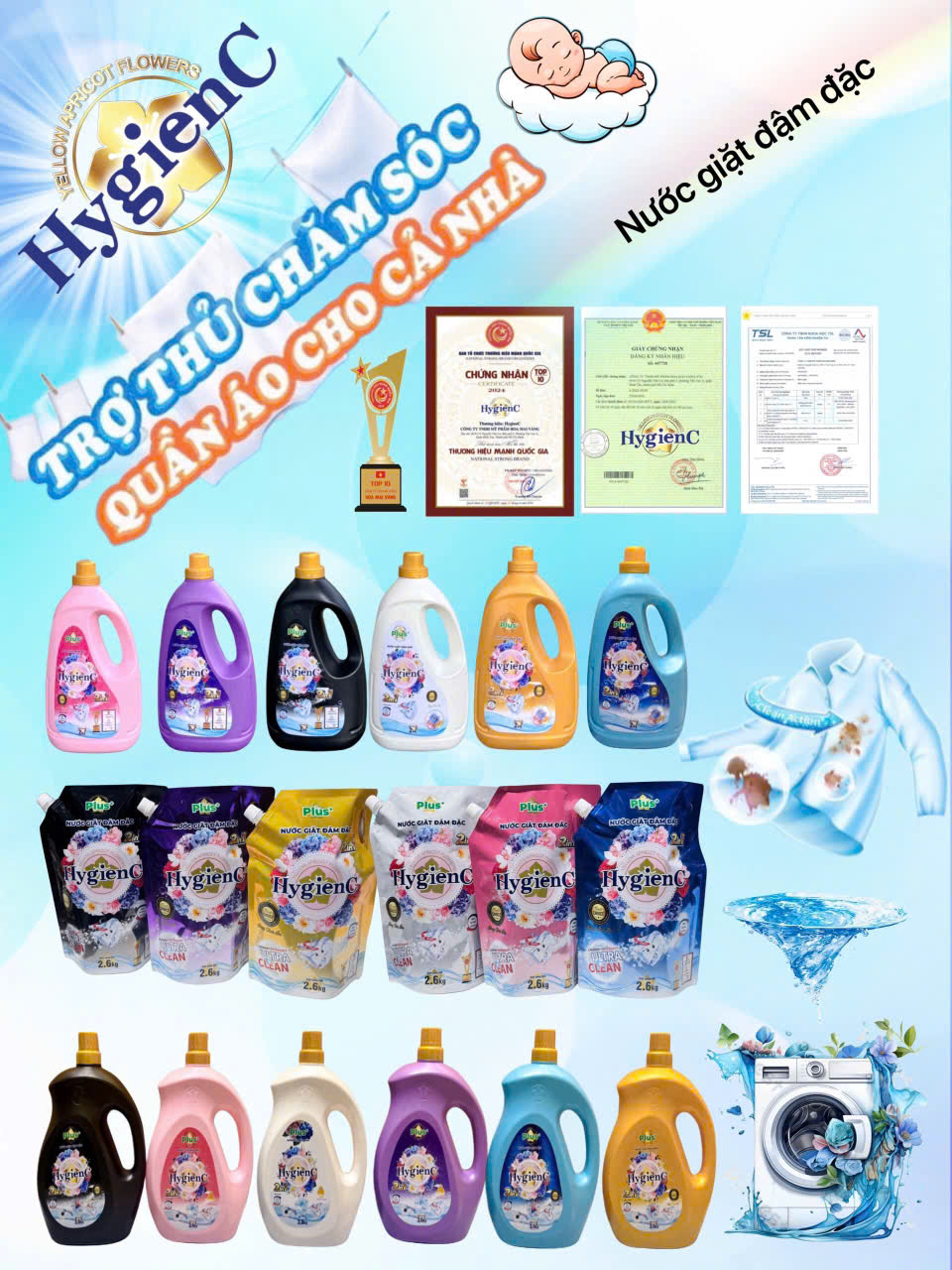 (Tặng 1 chai xịt thơm quần áo 100ml ) COMBO 2 can nước giặt xả 2 in1 HygienC PLUS 2kg, hang VN, Công nghệ thái đậm dặc, bền màu, lưu hương quần áo thơm mát dài lâu Làm Sạch