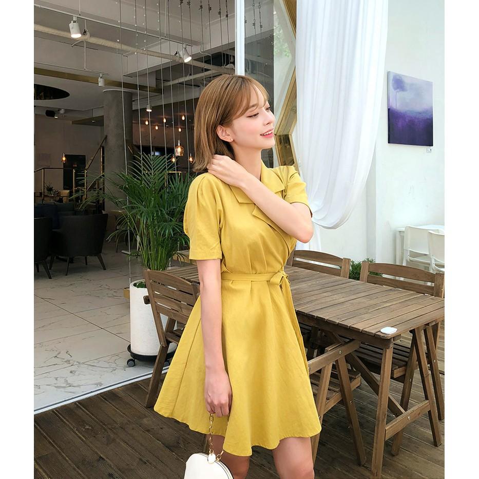 Đầm công sở hồng và vàng cổ vest cột nơ eo