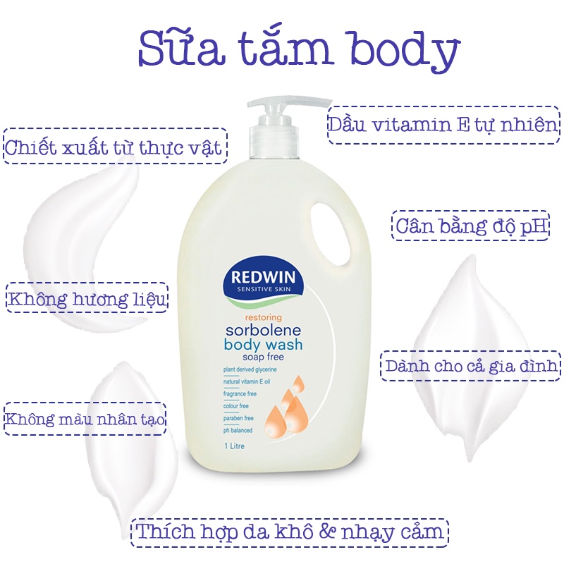 Sữa tắm tăng cường độ ẩm tự nhiên cho da, làm da mềm mịn Redwin Sorbolene Body Wash Restoring with Vitamin E 1 lít