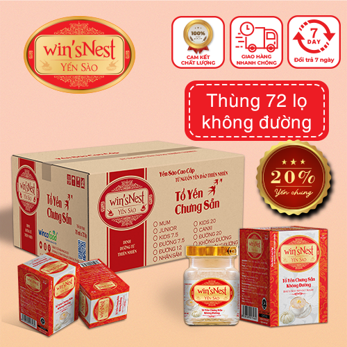 THÙNG 72 LỌ YẾN SÀO WIN'SNEST TỔ YẾN CHƯNG SẴN KHÔNG ĐƯỜNG 20% (70ML/LỌ)