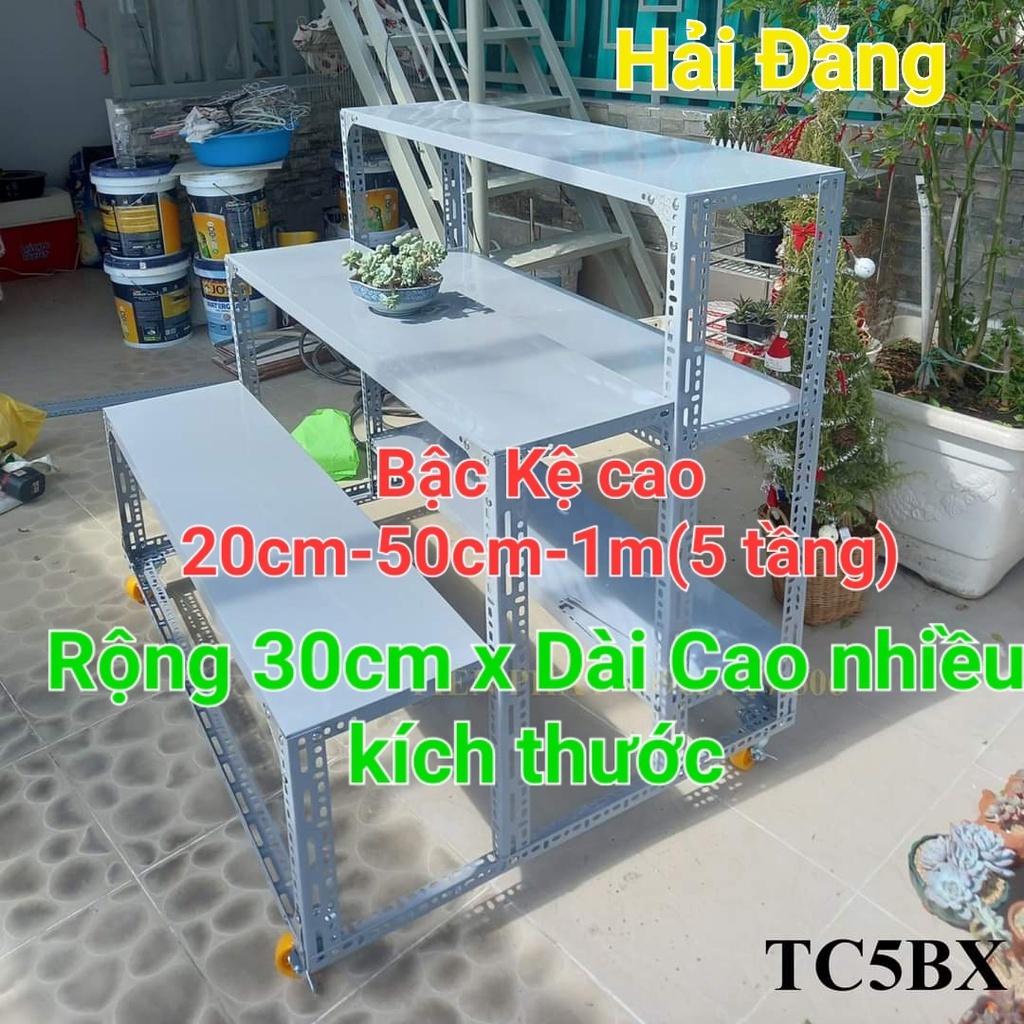 Kệ Sắt V Lỗ 3 Bậc 5 tầng mâm ,KỆ CÓ BÁNH XE ( RỘNG 30cm x Dài từ 60cm đến 150cm),Kệ Sắt mâm dùng sắt V3 và V4 Đa năng