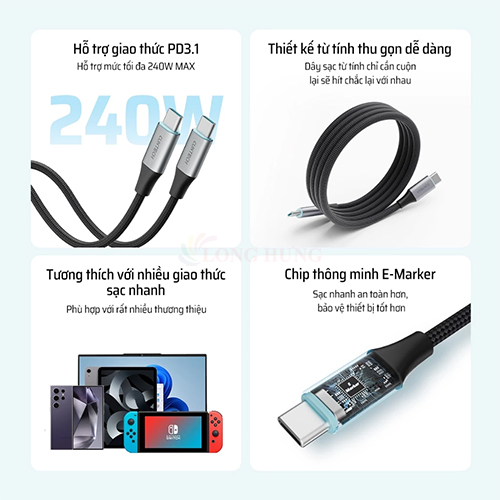 Cáp USB Type-C to Type-C Cuktech Braded Magnetic 240W PD3.1 CMC61 - Hàng chính hãng