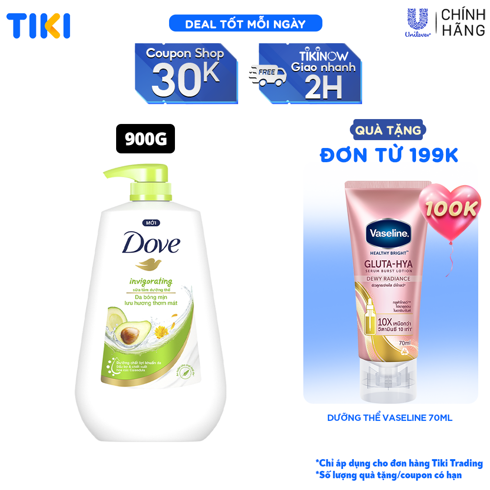 Sữa tắm dưỡng thể Dove Invigorating Da bóng mịn thơm mát với dầu bơ và hoa cúc Calendular 900g