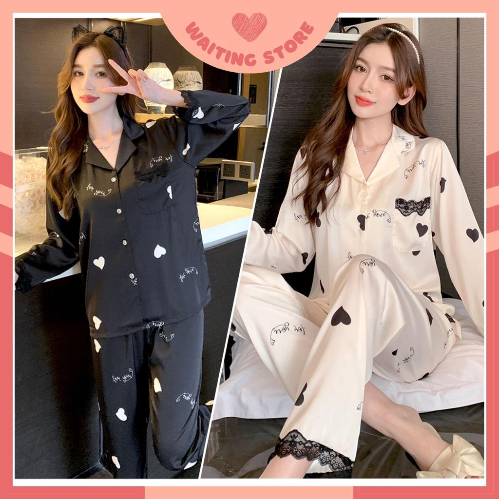 Pijama Lụa - Đồ Bộ Nữ Dài Tay Cao Cấp Màu Đen và Kem Hoạ Tiết Trái Tim Đẹp DDLP16