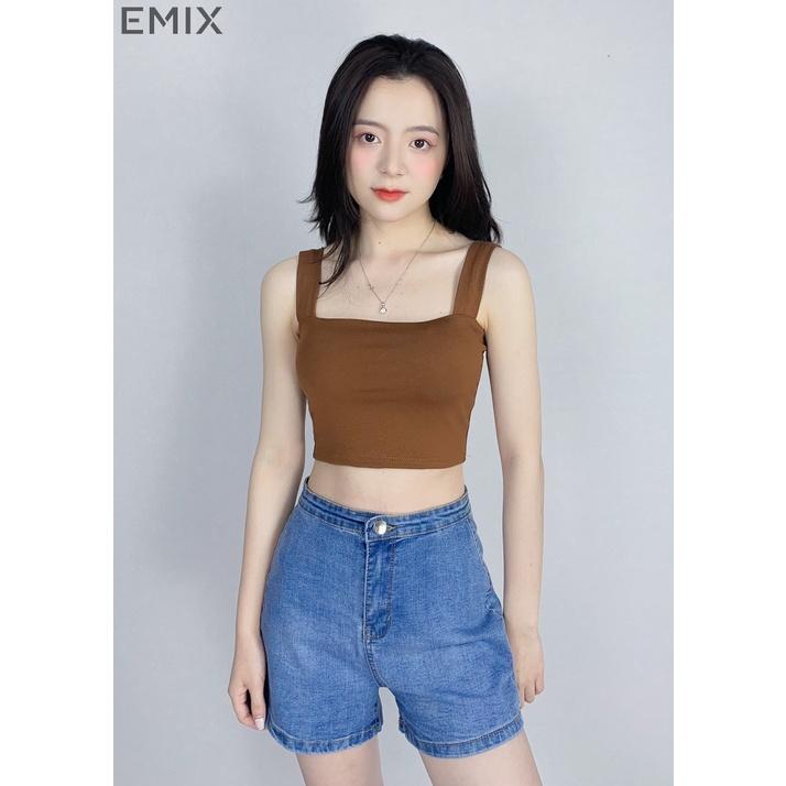 Áo croptop nữ 2 dây bản to EMIX (4 màu), dáng ngắn, cổ vuông, có mút lót, vải cotton co giãn, thấm hút tốt 6045