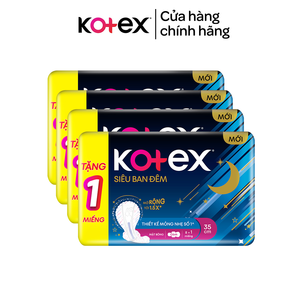 Combo 04 gói băng vệ sinh Kotex ban đêm mặt bông 8 miếng 35 cm và mặt lưới 12 miếng 28cm siêu mỏng cánh