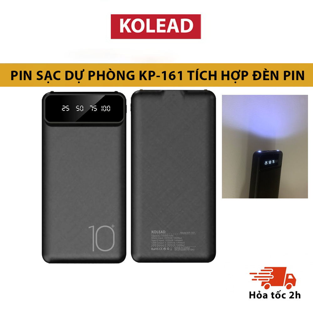 [ ĐÈN PIN] Pin sạc dự phòng tích hợp đèn pin siêu sáng KOLEAD KP161 10000mAh có màn hình LED hiển thị pin, nhỏ gọn - HÀNG CHÍNH HÃNG