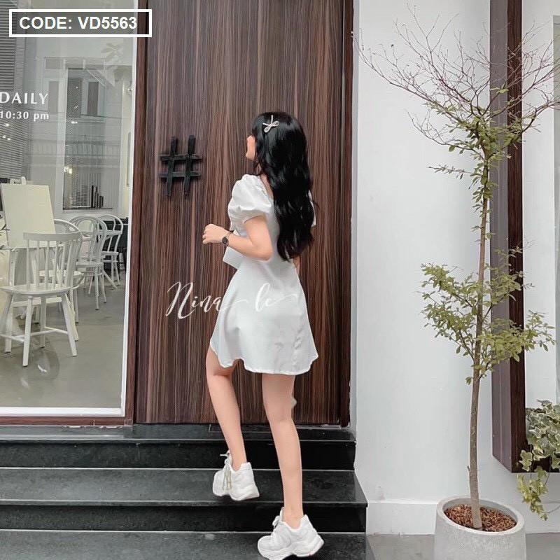 Đầm xoè trắng nơ ngực bản to tay búp - VD5563