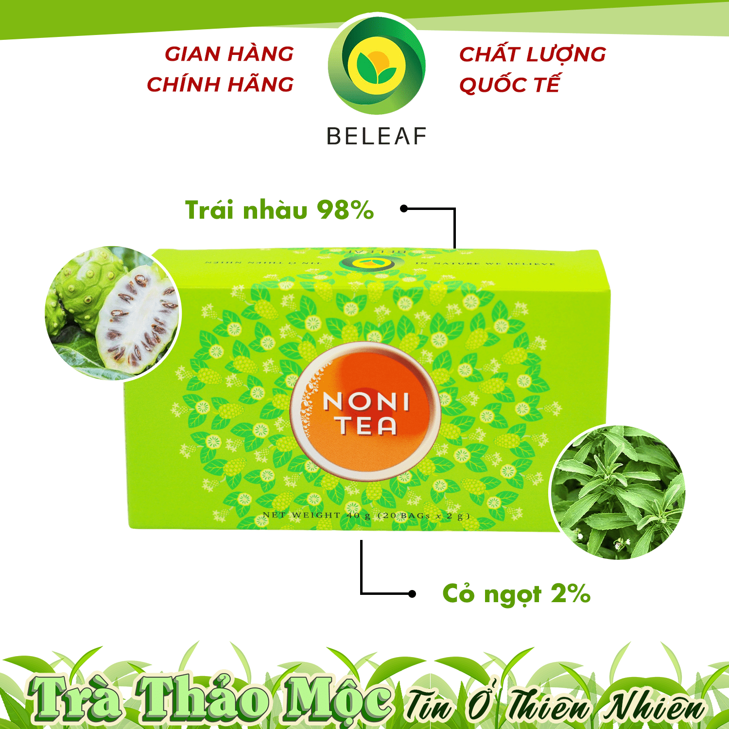 Trà Nhàu - Noni Tea - Trà Thảo Mộc Beleaf hỗ trợ tiêu hóa, tăng cường miễn dịch