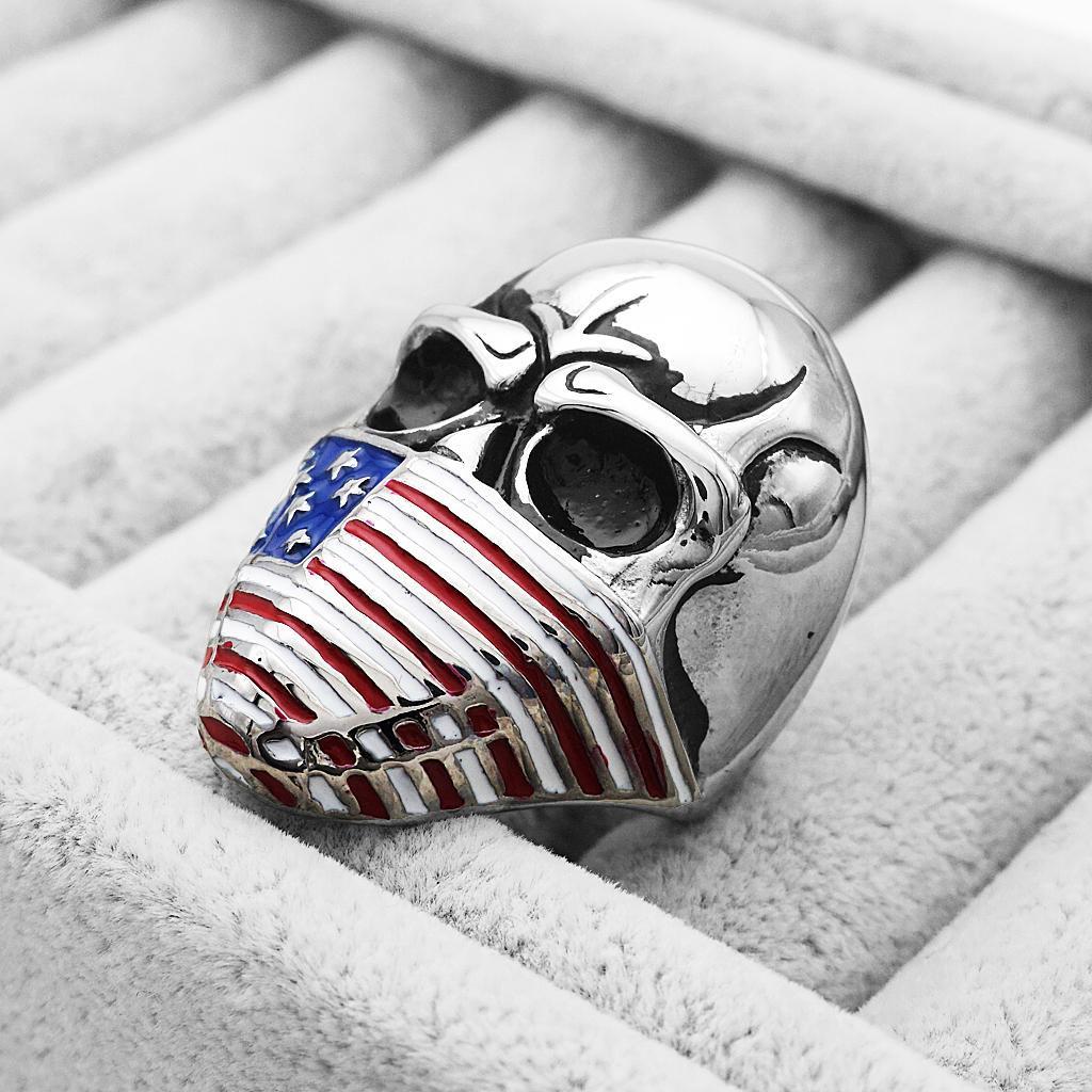 Punk Rock Personality Evil Skull Head Ring with Star American Flag Mask