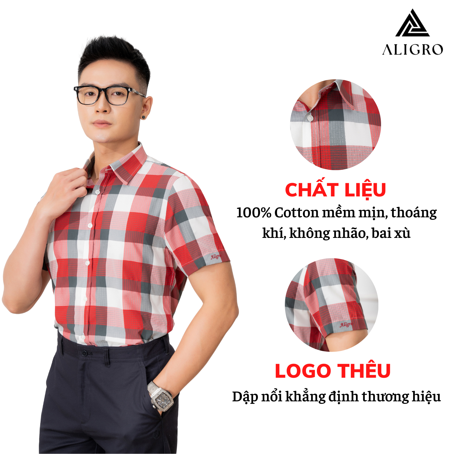 Hình ảnh Áo sơ mi nam ngắn tay ALIGRO kẻ caro, cotton cao cấp, kháng khuẩn form slim vừa công sở thời trang trẻ trung ALGS-C58