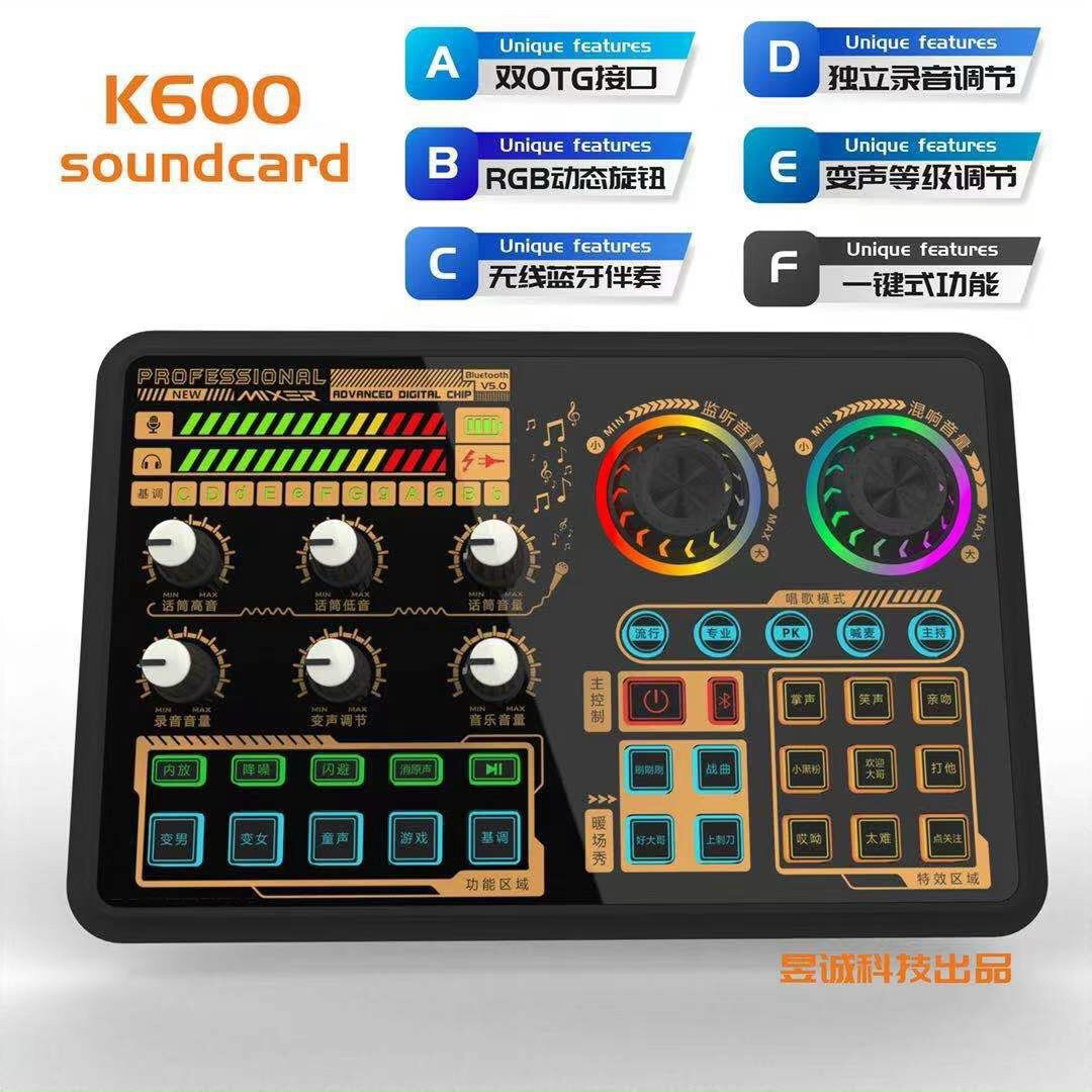 Sound card K600 - Soundcard thu âm, livestream, karaoke online - 2 cổng micro, song ca dễ dàng - Đầy đủ chức năng auto tune, đổi giọng, hiệu ứng khán giả - Điều chỉnh bass treble echo, giảm ồn - Kết nối bluetooth, livestream 2 máy một lúc - Hàng nhập khẩu