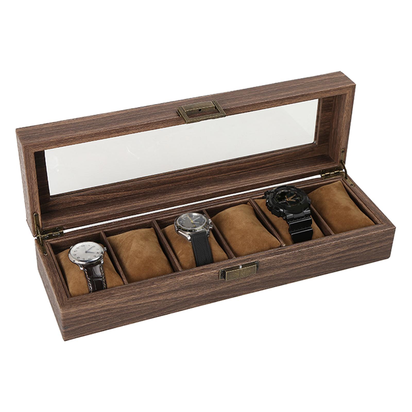 Luxury Wooden Watch Box Men Jewelry Rings Case Organizer Glass Top 6 Grid