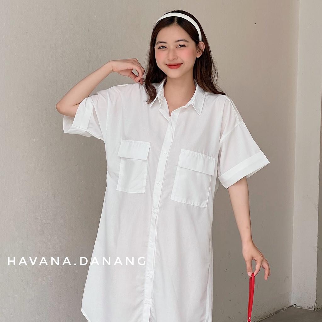 Đầm sơ mi tay cộc, sơ mi hai túi freesize form rộng