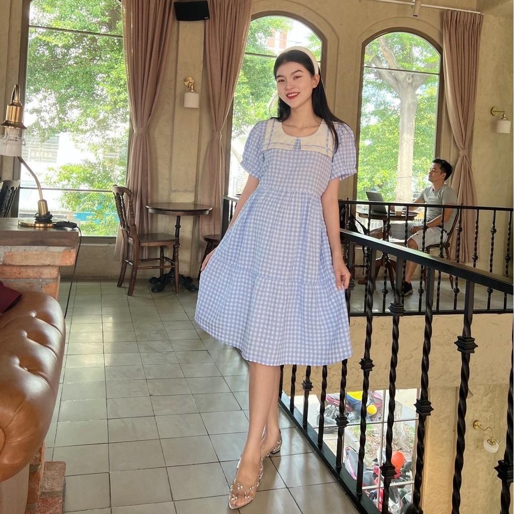 Đầm bầu karo cổ thuỷ thủ phom babydol trẻ trung, đáng yêu - Hồng