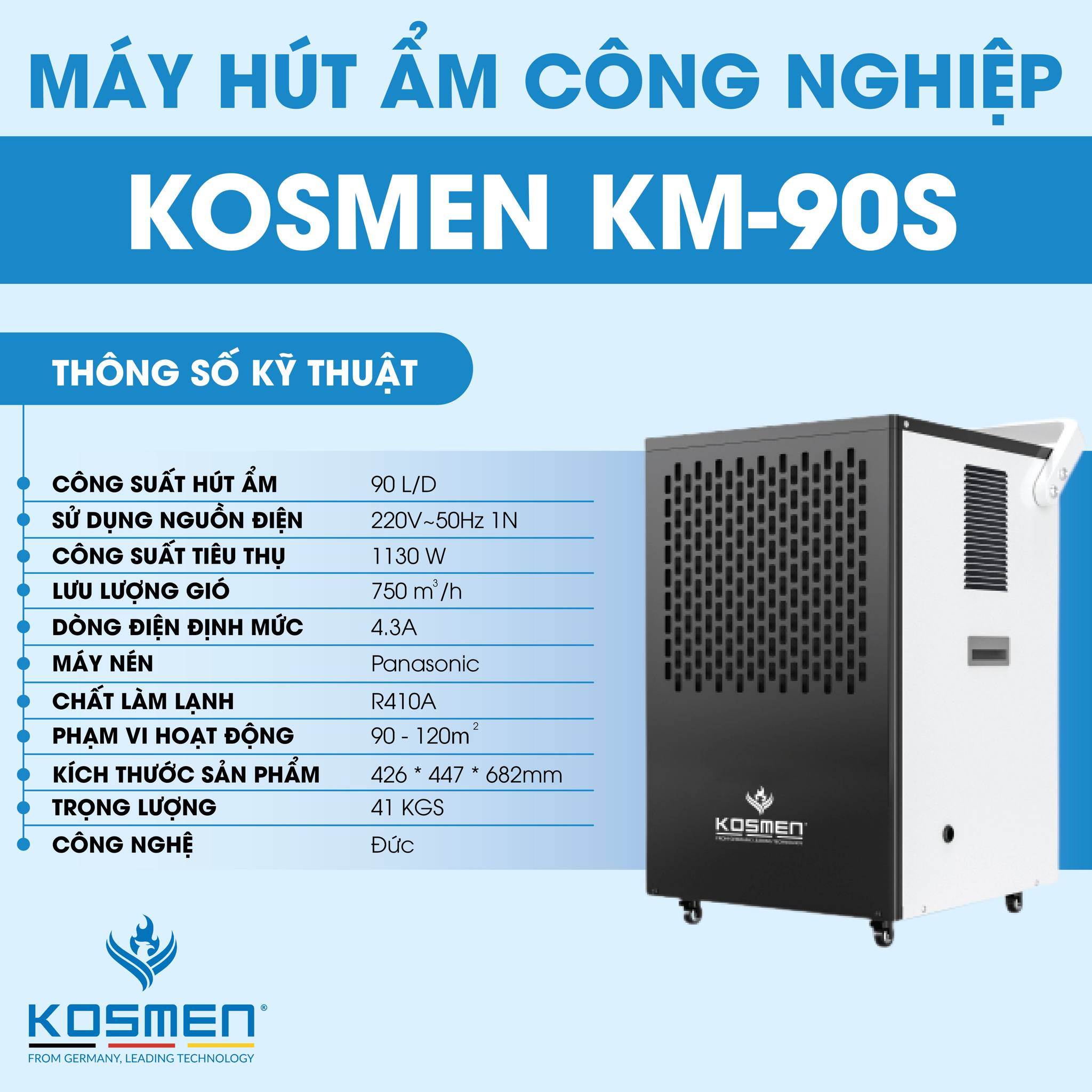 Máy hút ẩm công nghiệp Kosmen KM-90S cho diện tích lớn - Hàng Chính Hãng