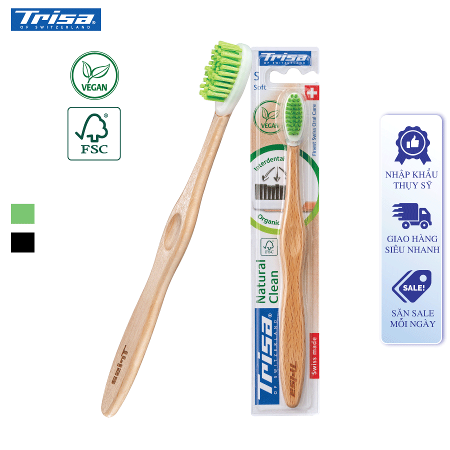 Bàn Chải Đánh Răng Thân Gỗ Nhập Từ Thụy Sỹ Trisa Natural Clean