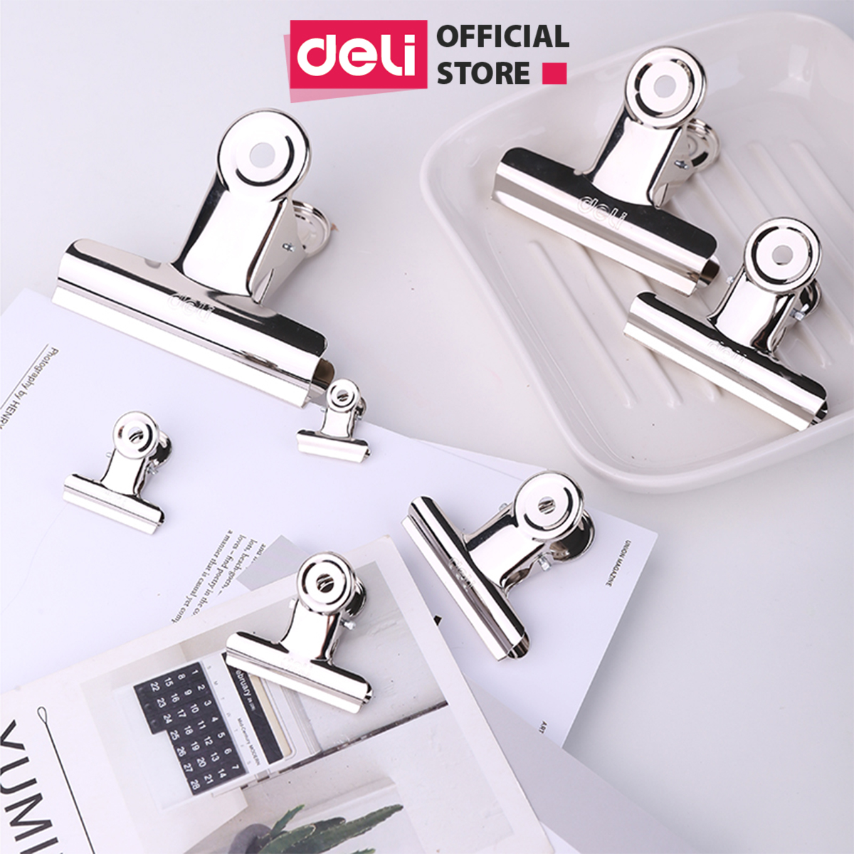 Set 6 chiếc kẹp bướm, Kẹp kim loại đuôi tròn Deli, Kẹp giấy tài liệu văn phòng 19mm 29mm 38mm 51mm