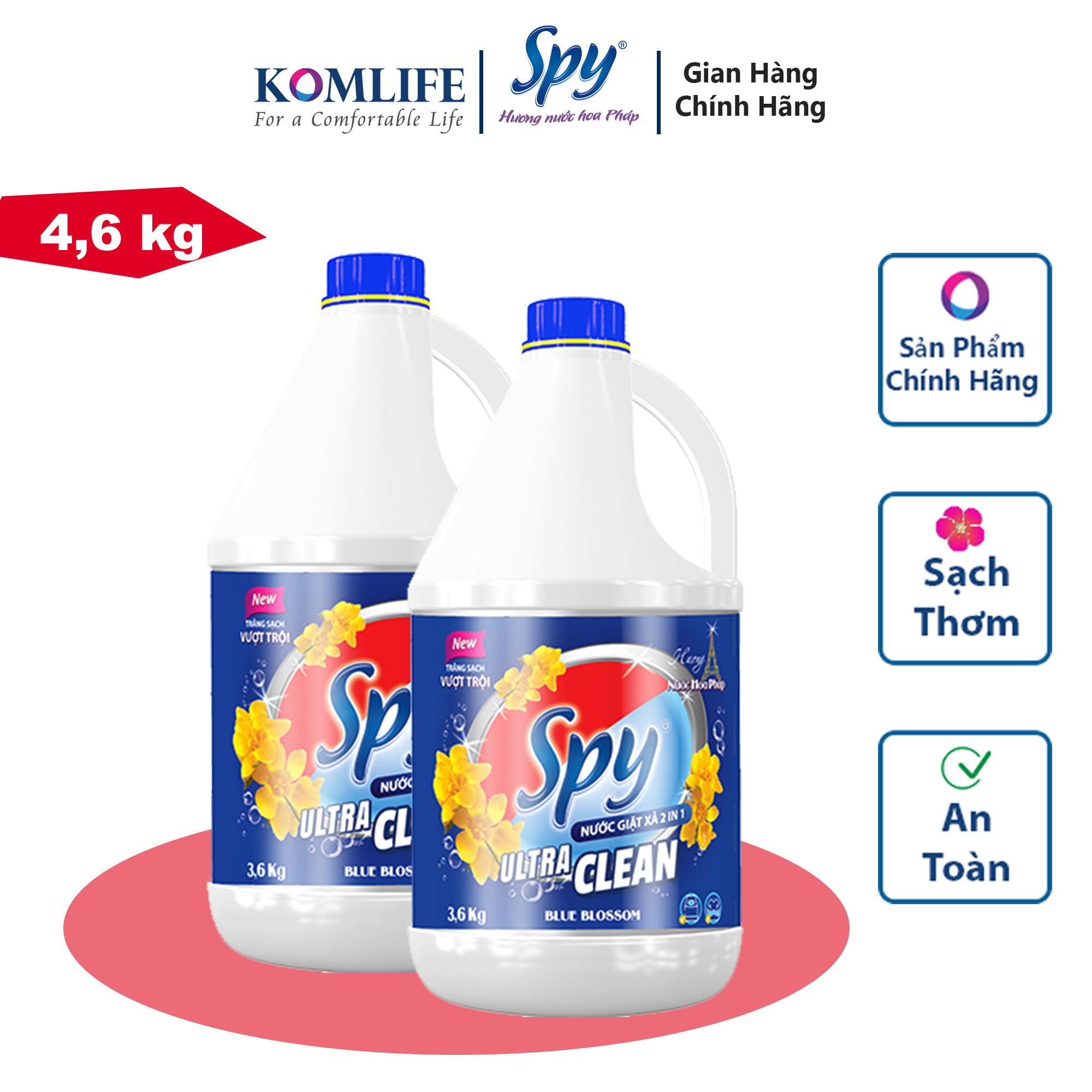 Nước giặt xả SPY Ultra Clean Xanh Dương 4,6 kg 2 trong 1 hương hoa Pháp trắng sạch thơm lâu tiết kiệm