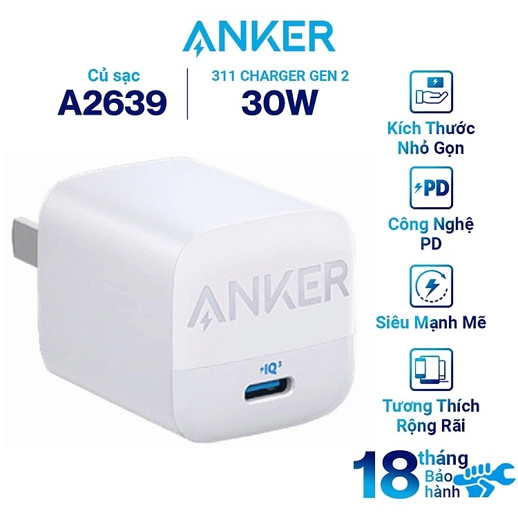 Cốc Sạc Nhanh ANKER 313/311 GEN 2 30W 1 Cổng USB-C PiQ 3.0 tích hợp PD/PPS - ANKER A2639 - Hỗ Trợ Sạc Nhanh Cho Iphone Và Android