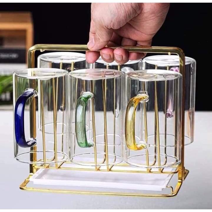 Khay úp ly Inox SUS 304 cao cấp không gỉ mạ vàng Titan tinh xảo sáng bóng - giá úp cốc có khay hứng nước dạng chữ nhật
