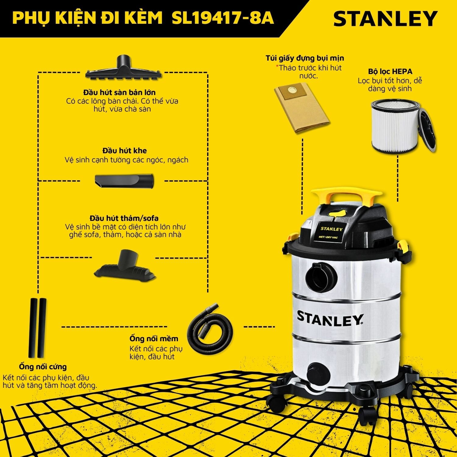 Máy hút bụi công nghiệp 30L Stanley SL19417-8A 5.5HP Hút bụi Khô ,Ướt ,Thổi - Hàng Chính hãng