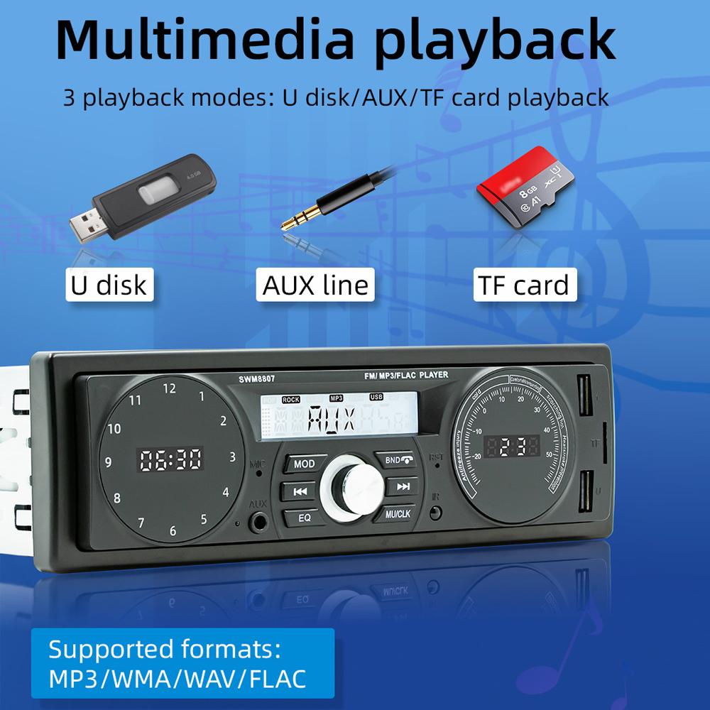 Car Stereo Receiver Single Din BT MP3 Player AM/FM Radio Support Time/Temperature Display Hands-Free Calls U-Disk/TF Card/AUX-in with Remote Controller