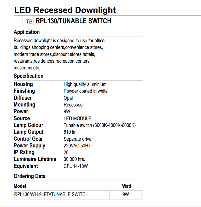 ĐÈN LED ÂM TRẦN LUMAX#RPL130/W-9LED/3K,4K,6K