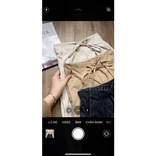 Quần ống rộng suông, Quần culottes nữ lưng cao thắt dây nơ lưng chun chất kaki thô