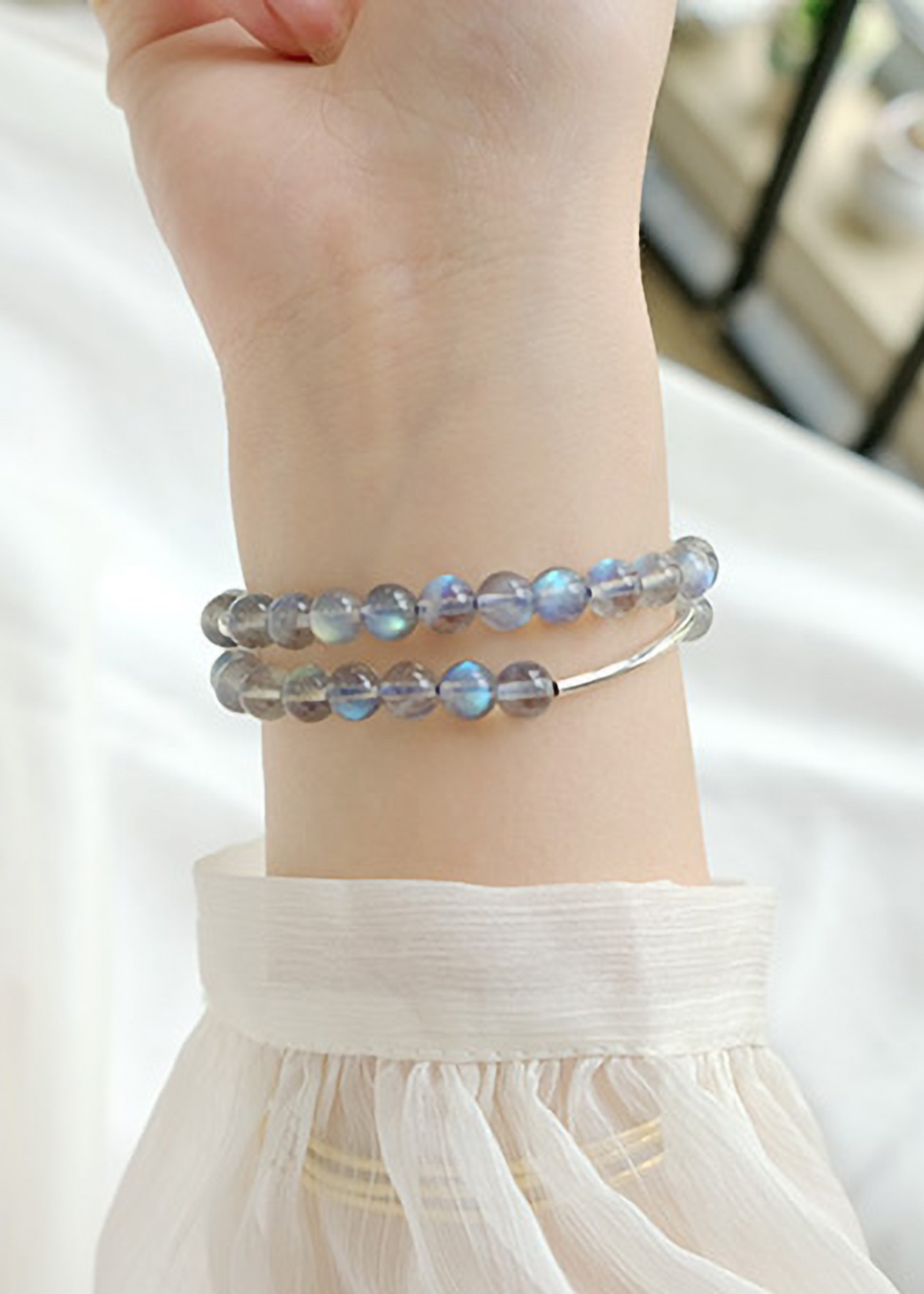 Vòng 2 line đá xà cừ ánh xanh phối charm khóa mệnh thủy, kim - Ngọc Quý Gemstones