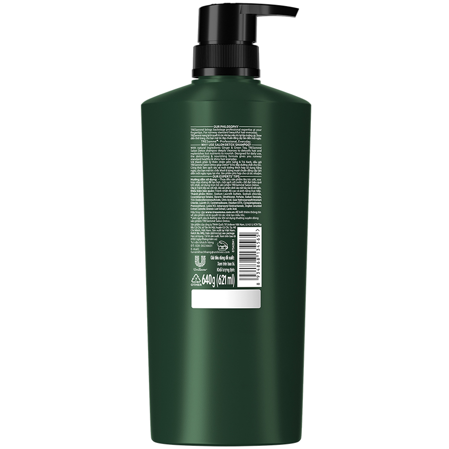 Combo Dầu Gội, Dầu Xả TRESEMME Salon Detox Cho tóc chắc khỏe cùng Gừng và Trà Xanh Dầu gội xả Detox tóc sạch sâu 640g, 620g