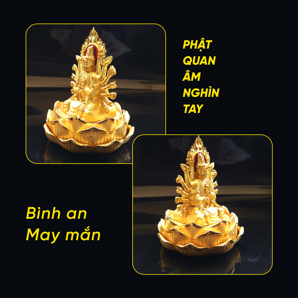 Tượng Phật Bà Quan Âm Nghìn Tay Hai Mặt Trang Trí Taplo Xe Hơi, Bàn Làm Việc Mạ Vàng