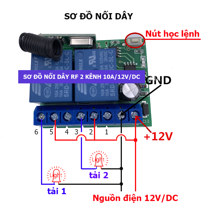 Công tắc điều khiển từ xa 12v 2 cổng (2 kênh) bật tắt 2 thiết bị độc lập