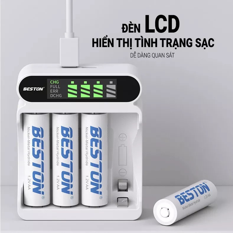 Bộ 4 pin sạc AA 3300 mAh Dung lượng cao kèm Sạc pin Beston C9023L, có tính năng sạc nhanh, tự ngắt khi đầy, màn hình LCD thông minh, dùng cho micro karaoke, máy ảnh, đồ chơi trẻ em, đồng hồ treo tường - Hàng nhập khẩu