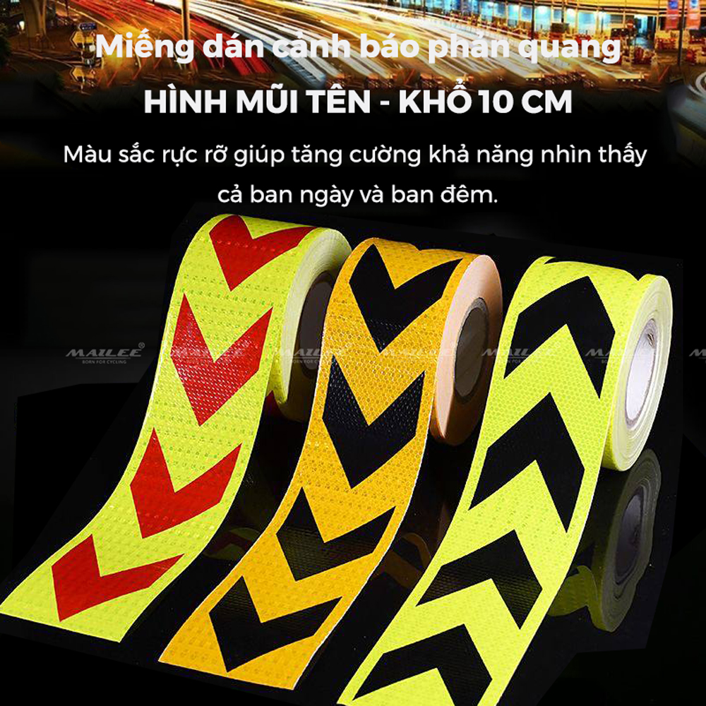 Cuộn Phản Quang khổ rộng 10 cm x 25 mét, Cảnh Báo An Toàn Hình Mũi Tên Dùng Dán Xe Ô tô, Thùng Xe Tải, An Toàn, chất liệu PVC Chống Thấm Nước - Mũi Tên Vàng Đen - Mai Lee