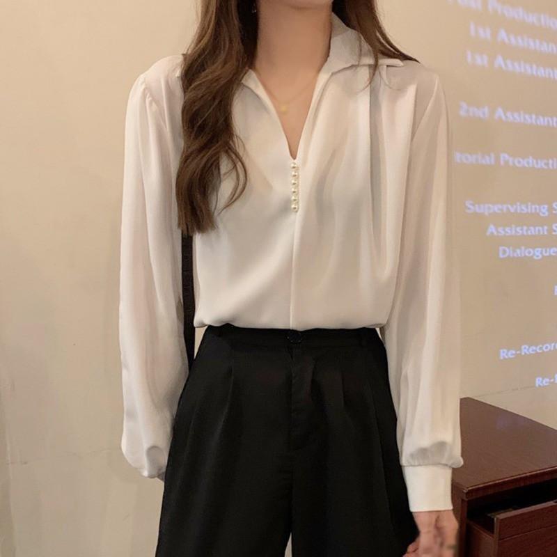 Áo Kiểu Tay Dài Cổ Chữ V Thiết Kế Màu Trơn Thanh Lịch Dành Cho Nữ