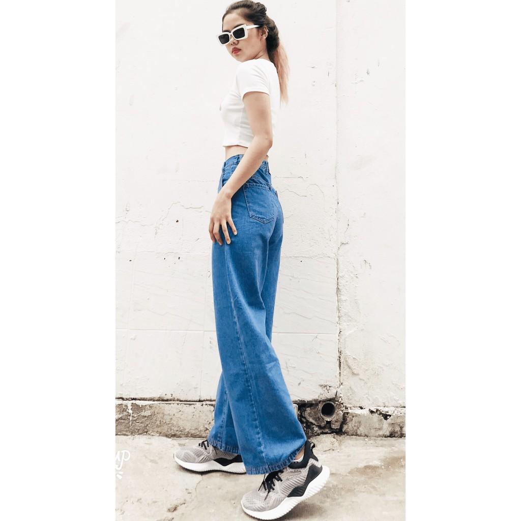 Quần Jeans Nữ Ống Rộng Lưng Cao Túi Xéo Dáng Suông
