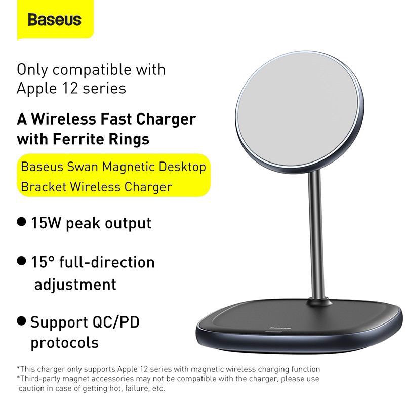 Đế giữ điện thoại tích hợp sạc nhanh không dây Baseus Swan Magnetic Desktop Bracket Wireless Charger cho iPhone 12 series (15W, Wireless charge) - Hàng chính hãng