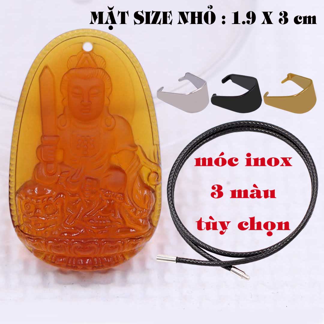 Mặt Phật Văn thù pha lê cam 1.9cm x 3cm  kèm vòng cổ dây cao su đen + móc inox vàng, Phật bản mệnh, mặt dây chuyền