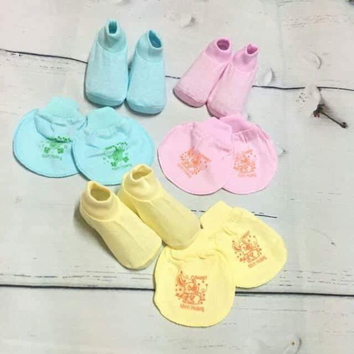 5 Bộ Bao Tay Chân Cổ Bo Bé Sơ Sinh 0-3 Tháng - Vải Cotton Màu 