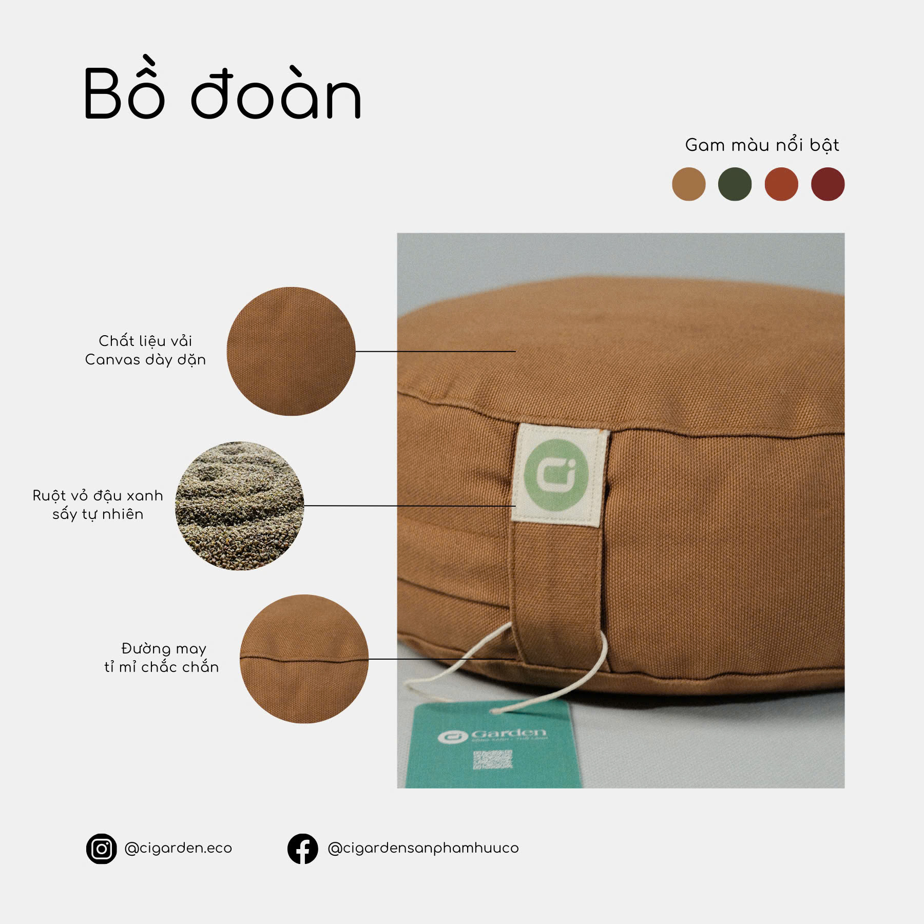 BỒ ĐOÀN NGỒI THIỀN CAO CẤP - VỎ VẢI CANVAS - RUỘT VỎ ĐẬU XANH - Ci Garden